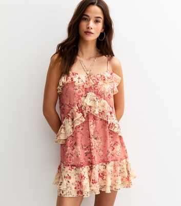 Pink Floral Print Ruffle Trim Chiffon Mini Dress