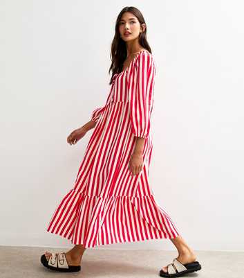Red Stripe Print Tiered Hem Midi Dress