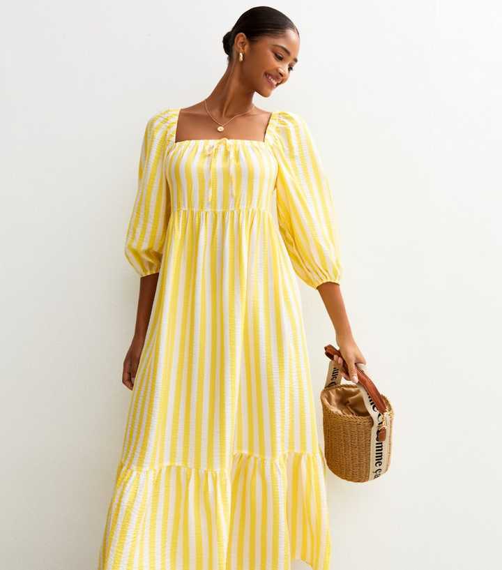 Yellow Stripe Print Tiered Hem Midi Dress