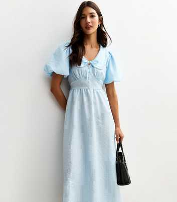 Blue Gingham Crinkled Texture Collared Puff Sleeve Midi Dress