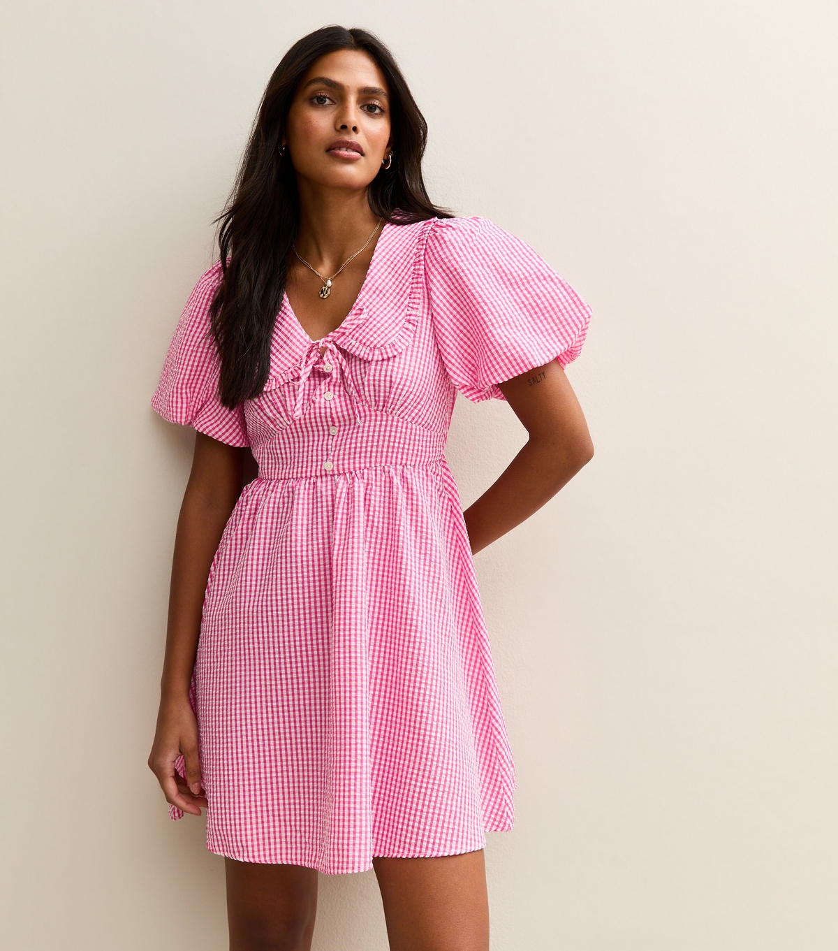 New Look Women's Pink Pattern Pink Gingham Crinkle Texture Collared Puff Sleeve Mini Dress Uk Size 16