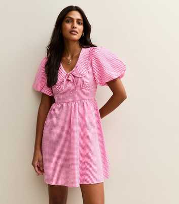 Pink Gingham Crinkle Texture Collared Puff Sleeve Mini Dress