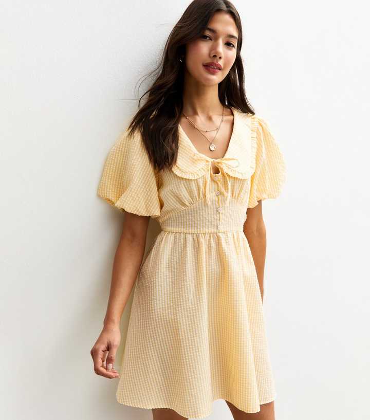 Yellow Gingham Crinkle Texture Collared Puff Sleeve Mini Dress