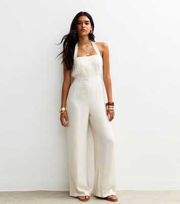 Stone Linen Look Halterneck Wide Leg Jumpsuit