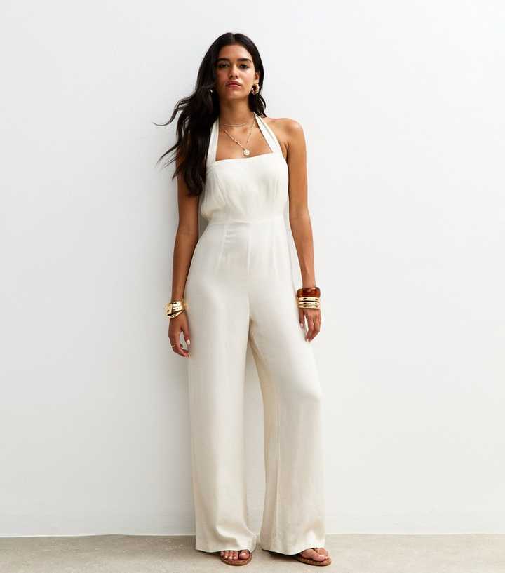 Stone Linen Look Halterneck Wide Leg Jumpsuit