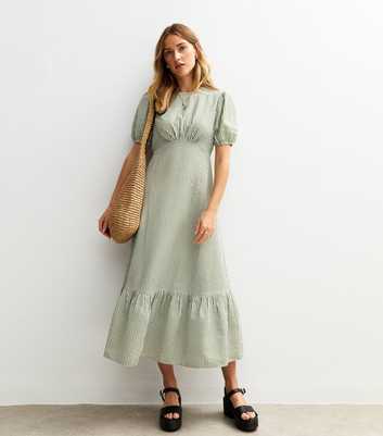 Green Gingham Print Crinkle Midi Dress
