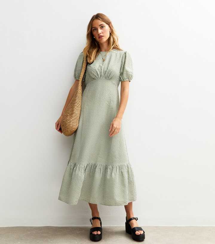 Green Gingham Print Crinkle Midi Dress
