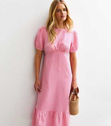 Pink Gingham Print Crinkle Midi Dress