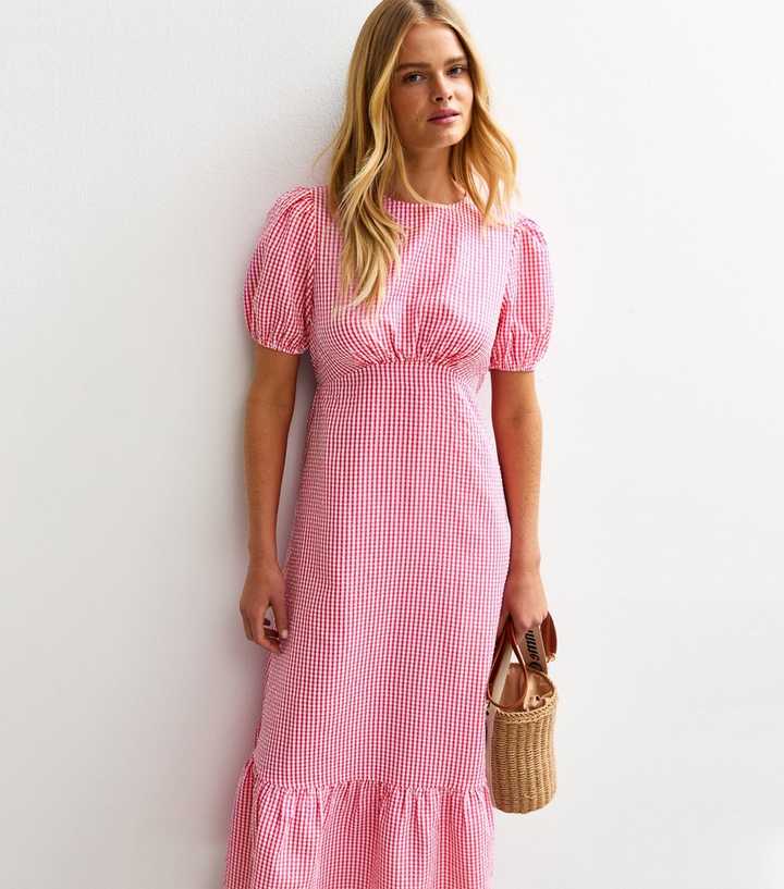 Pink Gingham Print Crinkle Midi Dress
