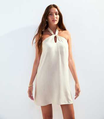 Stone Linen Look Halterneck Mini Dress