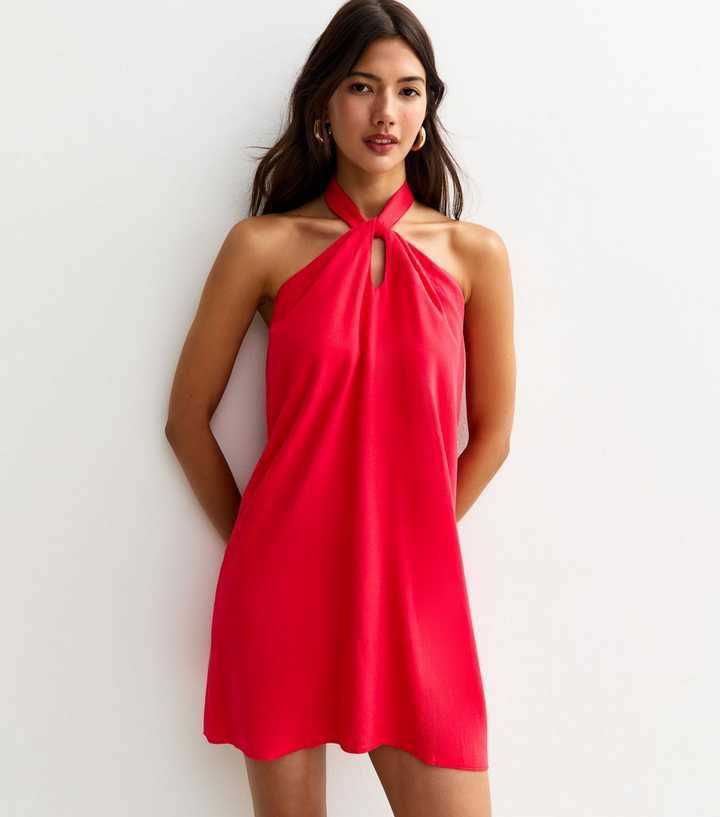 Red Linen Look Halterneck Mini Dress | New Look