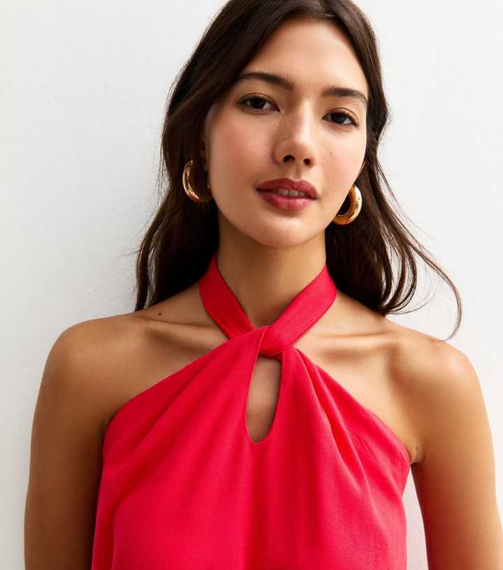 Red Linen Look Halterneck Mini Dress | New Look