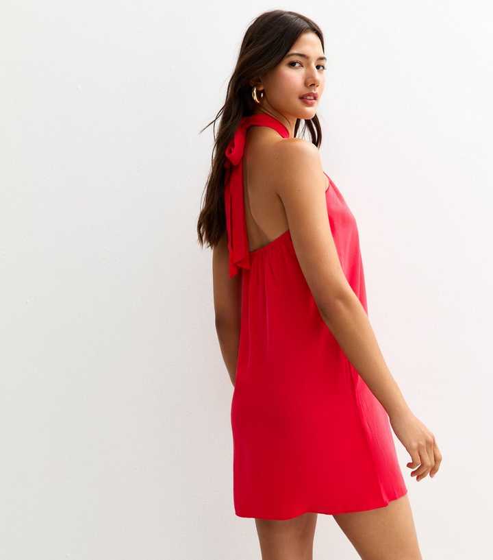 Red Linen Look Halterneck Mini Dress | New Look