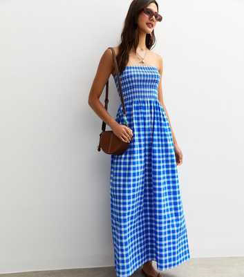 Blue Checked Bandeau Midi Dress
