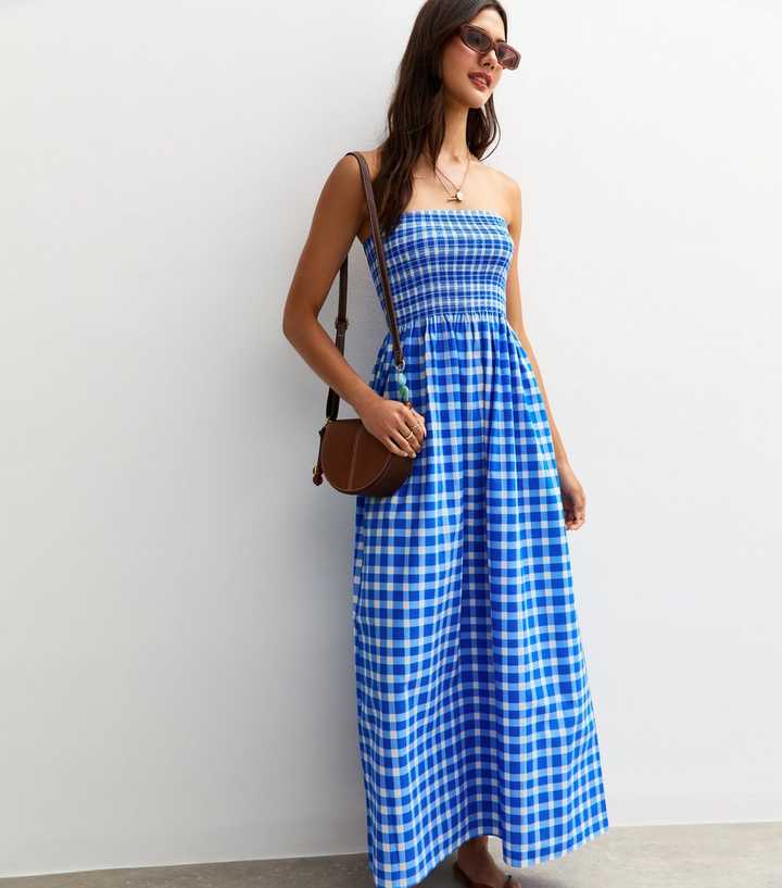 Blue Checked Bandeau Midi Dress