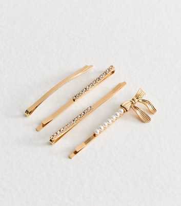 Pack of 4 Gold Tone Diamante and Bow Embellished Hair Slides