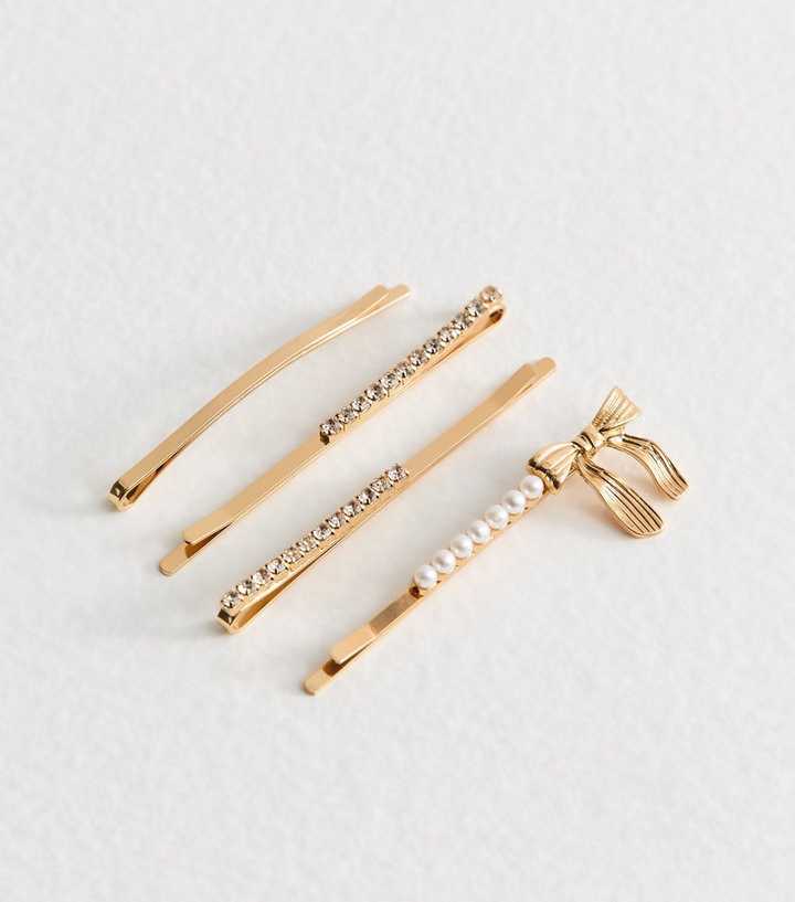 Pack of 4 Gold Tone Diamante and Bow Embellished Hair Slides