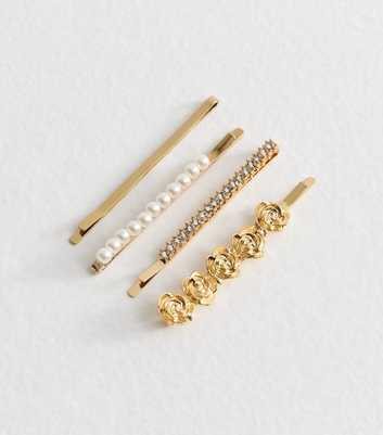 Pack of 4 Gold Tone Faux Pearl and Flower Hair Slides