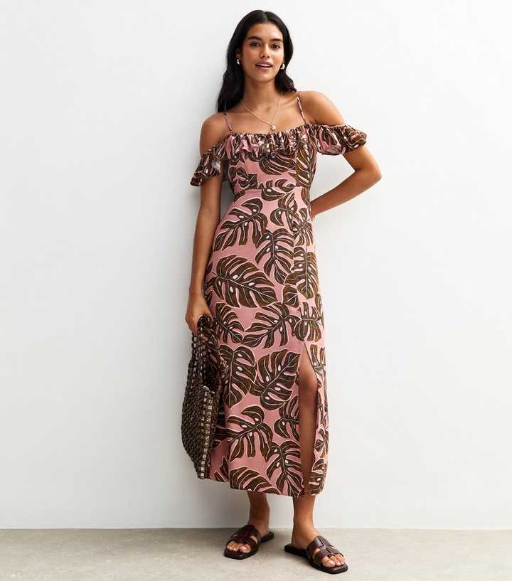 Pink Leaf Print Cold Shoulder Frill Trim Midi Dress