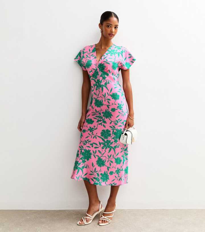 Pink Floral Print Satin V-Neck Midi Dress