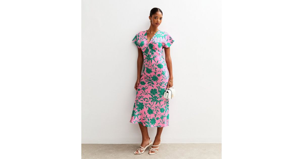 Pink Floral Print Satin V-Neck Midi Dress | New Look