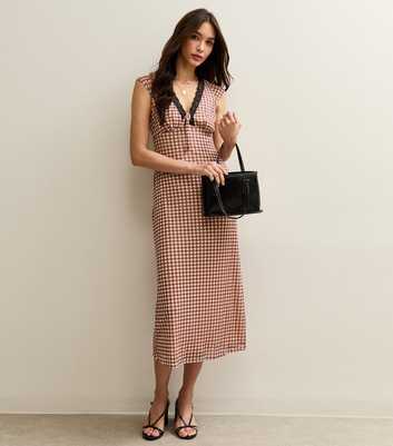 Brown Check Print Sleeveless Lace Trim Mesh Midi Dress