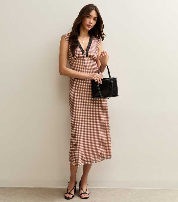 Brown Check Print Sleeveless Lace Trim Mesh Midi Dress