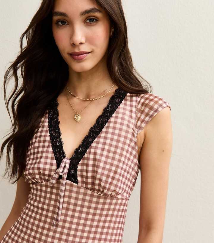Brown Check Print Sleeveless Lace Trim Mesh Midi Dress | New Look