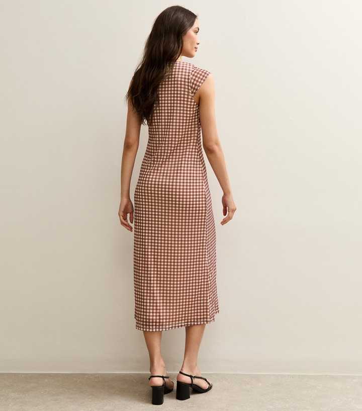 Brown Check Print Sleeveless Lace Trim Mesh Midi Dress New Look
