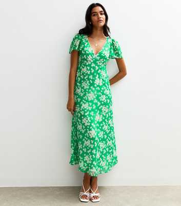Green Floral Print Chiffon Midi Dress