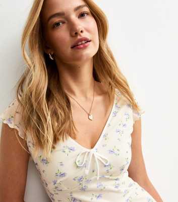 Cream Floral Print V-Neck Mesh Micro Mini Dress