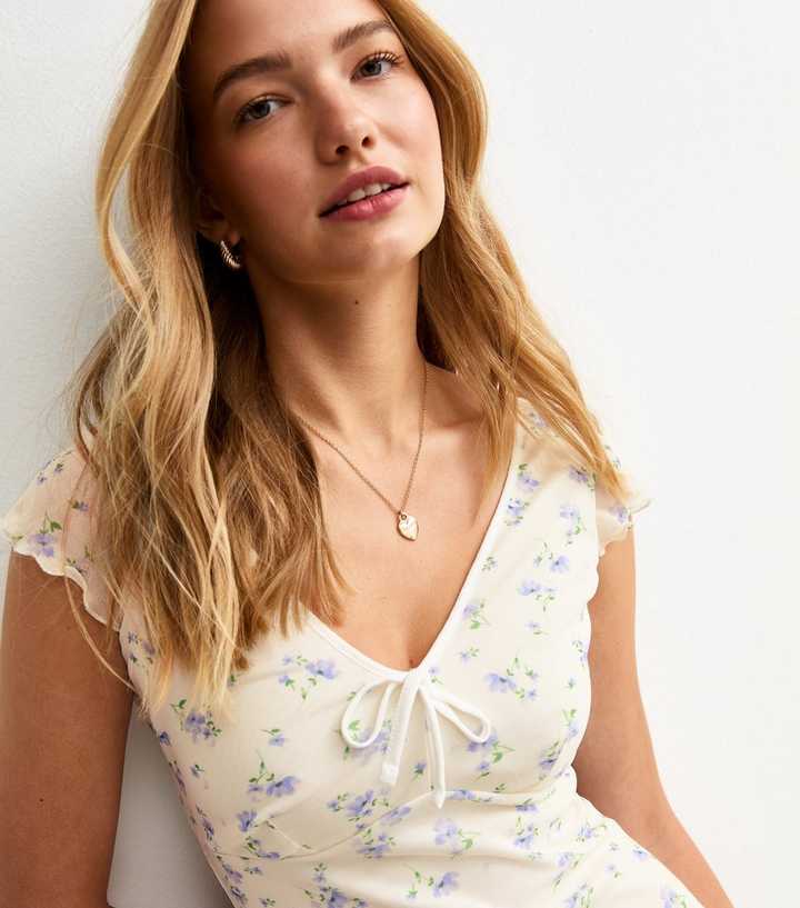 Cream Floral Print V-Neck Mesh Micro Mini Dress