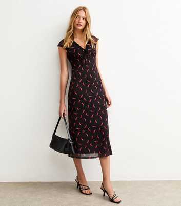 Black Chilli Print Cap Sleeve Mesh Midi Dress