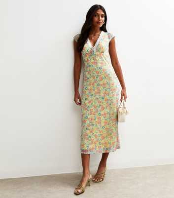 Yellow Floral Print Mesh Midi Dress