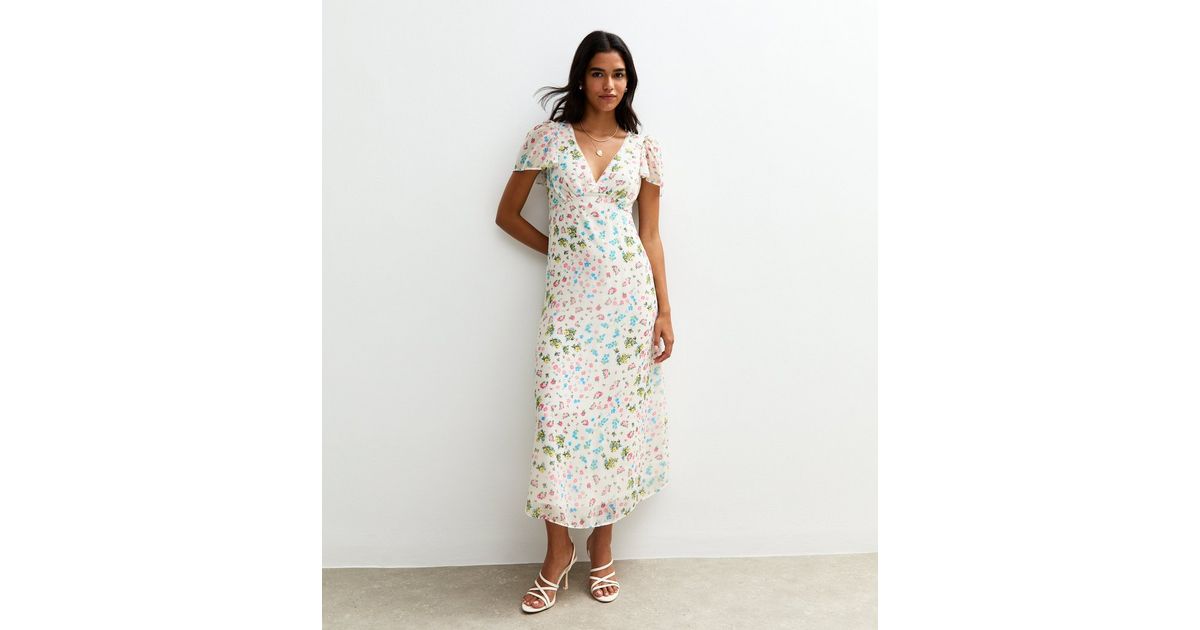 White Floral Print Chiffon Midi Dress | New Look