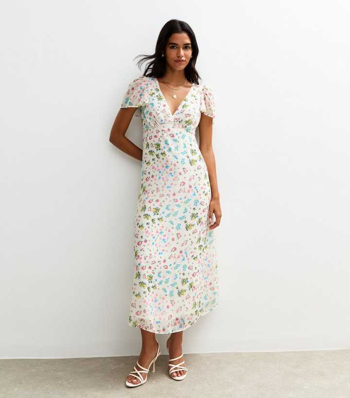 White Floral Print Chiffon Midi Dress | New Look