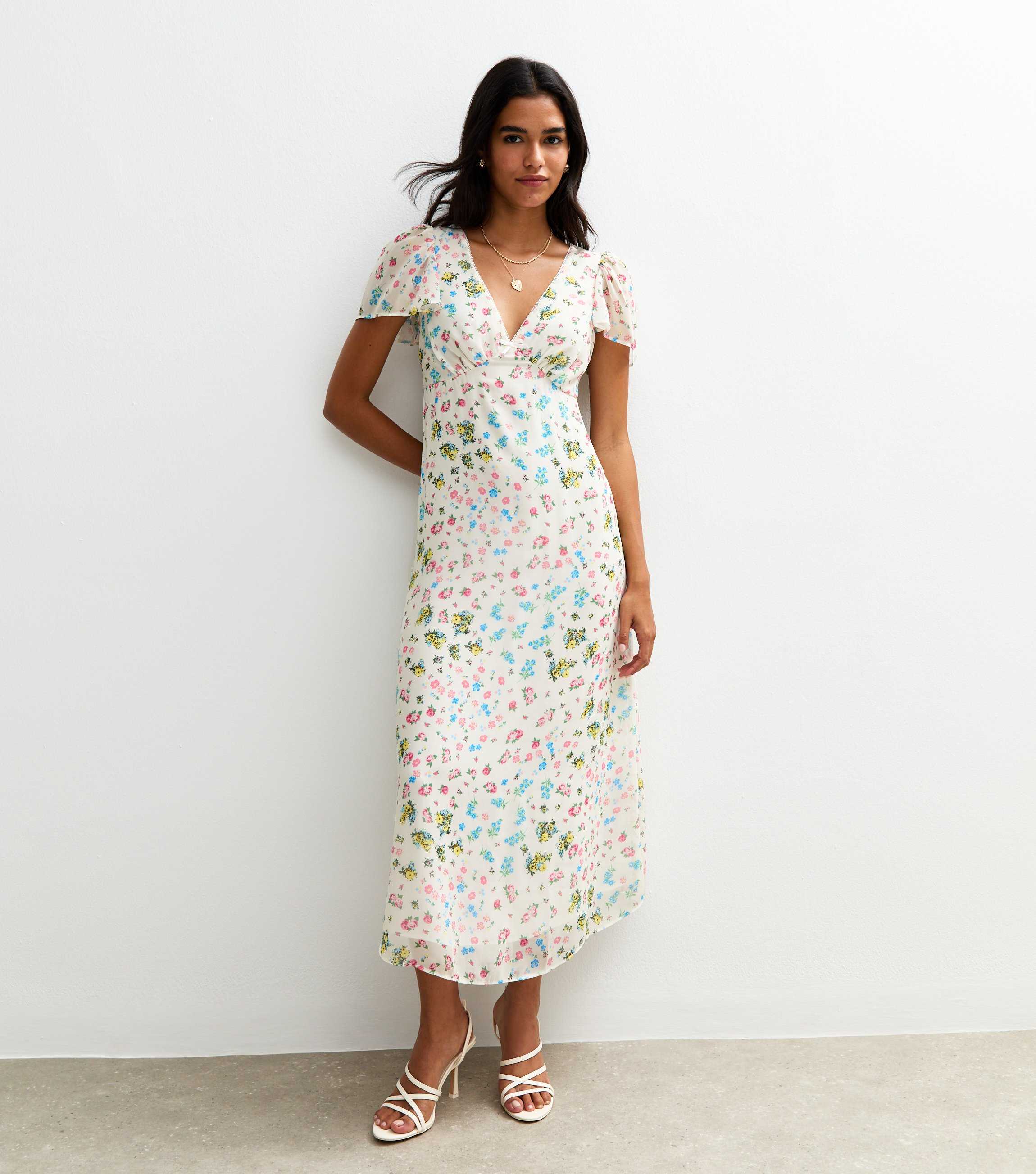 White Floral Print Chiffon Midi Dress New Look White Floral Print Chiffon Midi Dress New Look