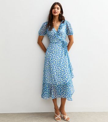 Blue Floral Print Chiffon Wrap Midi Dress New Look