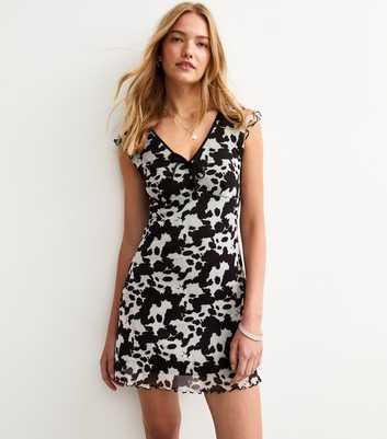 Brown Cow Print V-Neck Mesh Micro Mini Dress