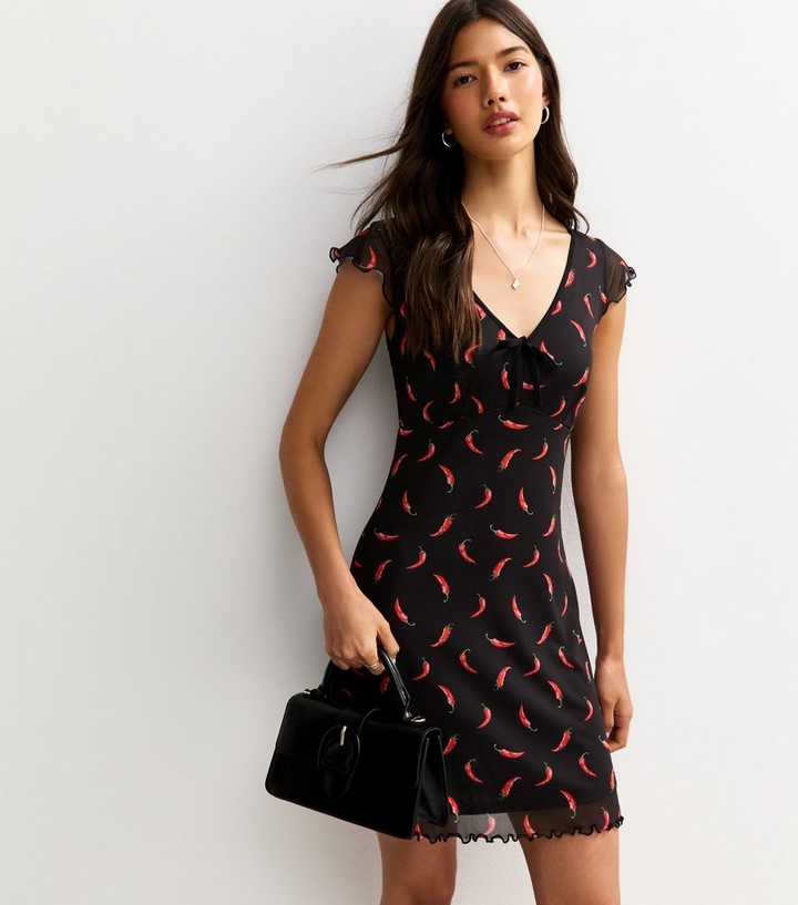 Black Chilli Print V-Neck Mesh Mini Dress