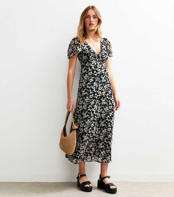Black Daisy Print Flutter Sleeve Chiffon Midi Dress