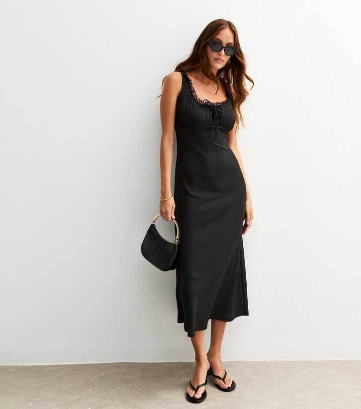 textured crinkle lace midi dress ASOS DESIGN high neck textured crinkle midi dress with lace panel cut outs in black