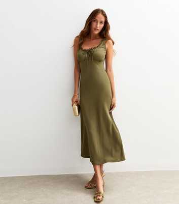 Khaki Crinkled Texture Lace Trim Milkmaid Midi Dress
