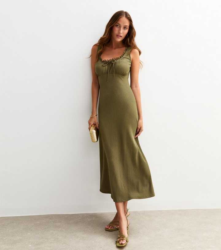 Khaki Crinkled Texture Lace Trim Milkmaid Midi Dress