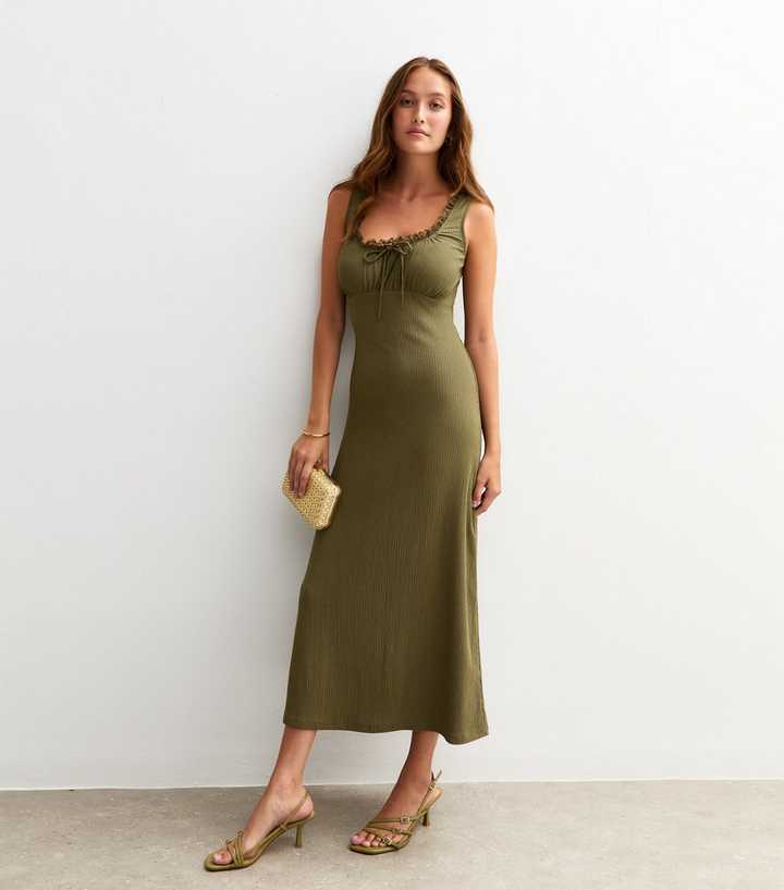 Khaki Crinkled Texture Lace Trim Milkmaid Midi Dress
