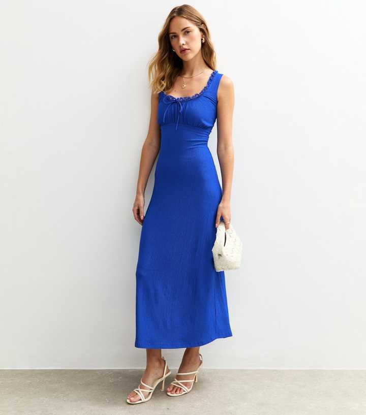 Blue Crinkled Texture Lace Trim Milkmaid Midi Dress