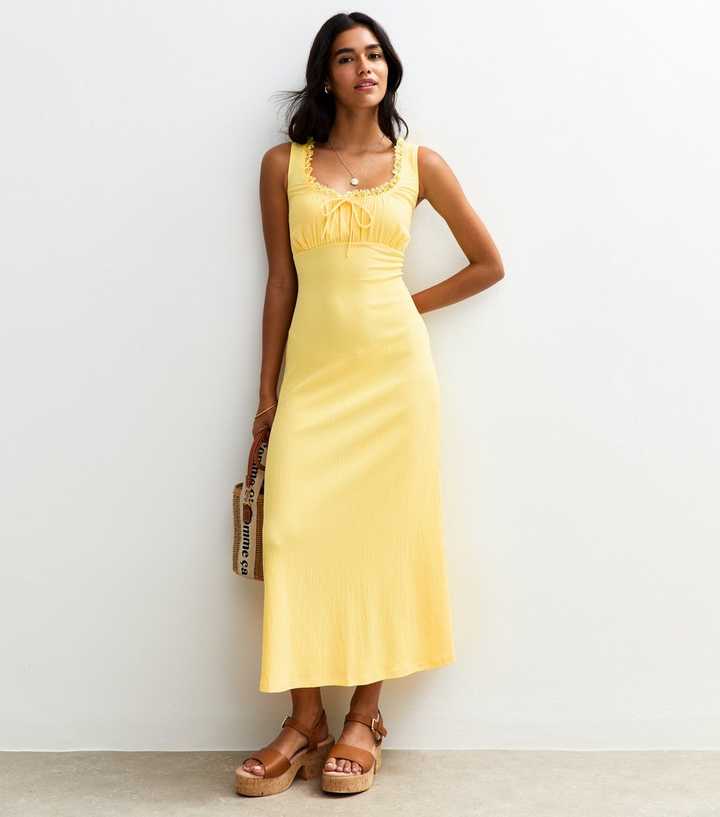 new look yellow midi dress Yellow Gingham Print Crinkle Midi Dress