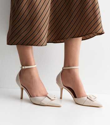 Off White Faux Patent Leather Buckle Strap Open Court Shoes