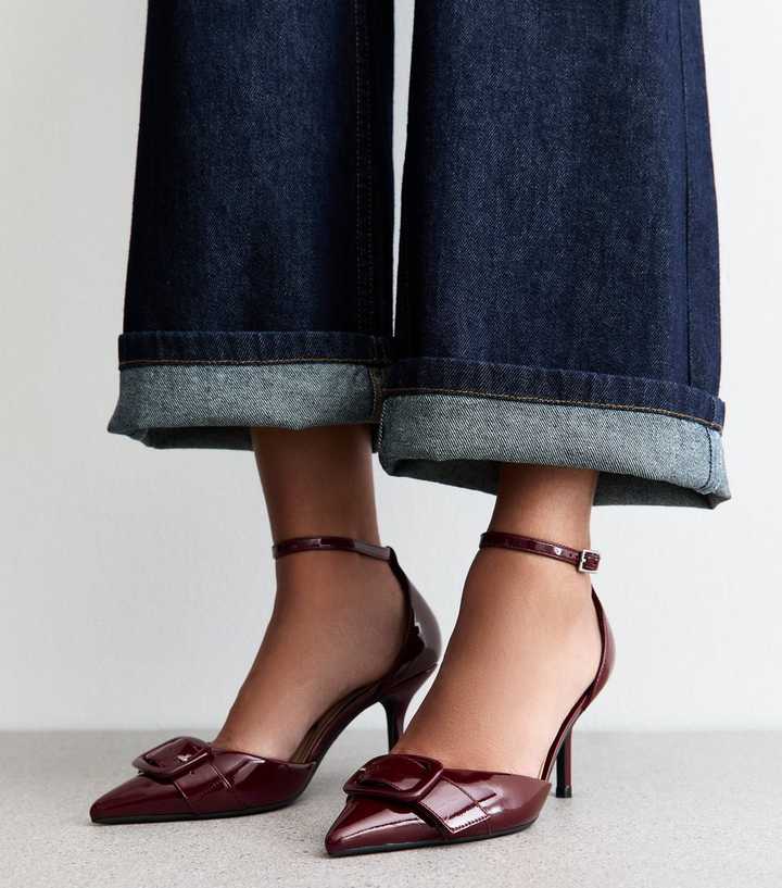 Dark Burgundy Faux Patent Leather Buckle Strap Open Court Shoes