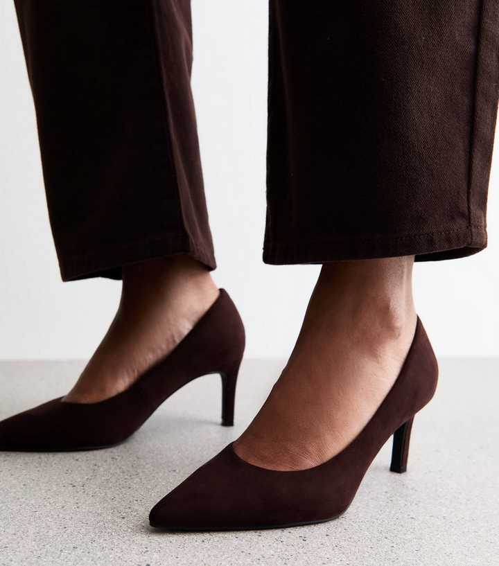 Dark Brown Faux Suede Pointed Toe Court Shoes